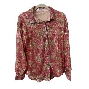 Moon Ryder Sequin Cheetah Shirt Size Small Button Front Animal Print Pink Gold